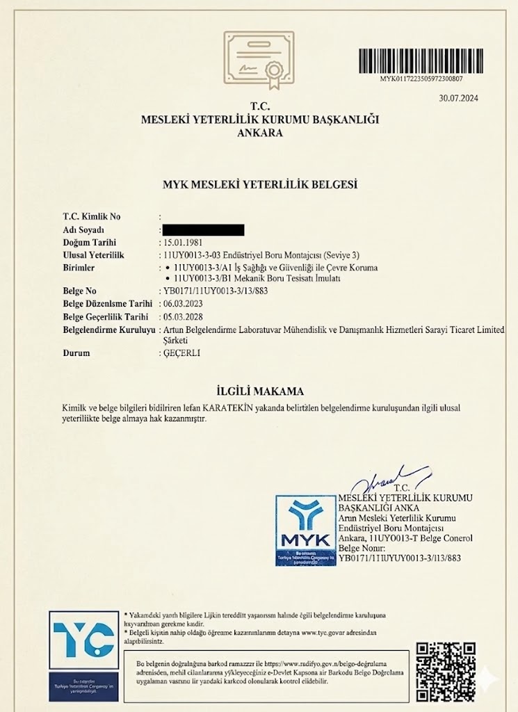 Tekin Su Tesisat Mesleki Yeterlilik Belgesi - MYK Sertifikası